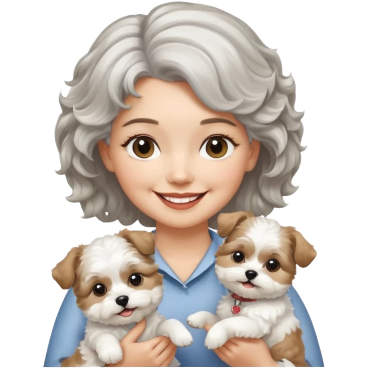 silver, short, wavy-haired with loose curls, smiling pretty lady holding a whit terrier dog and a white and tan shih tzu dog emoji