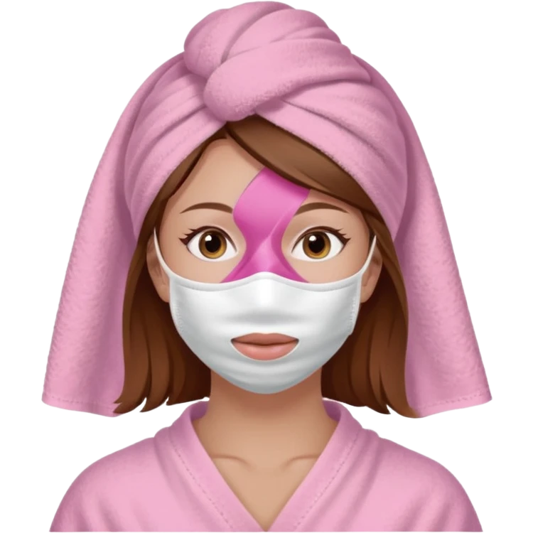 Lady with brown hair, white towel around her head, pink face mask spa beauty full face relaxing emoji