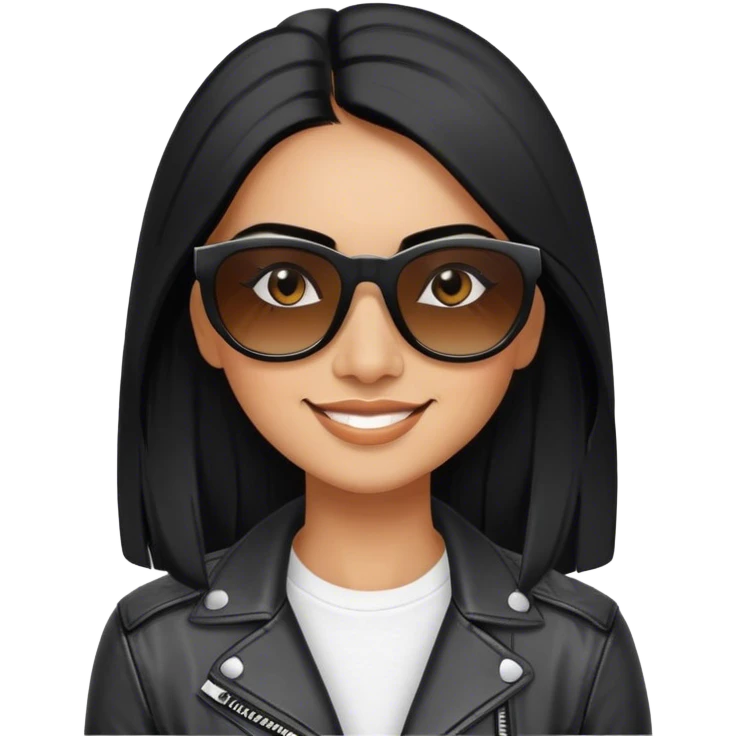 beautiful fit woman, with long straight black hair, with make up, black eye liner, smile mooth close, mexican, brown skin, wearing white tee, wearing leather black jacket, solar black wayfarer on the tip of the nose emoji