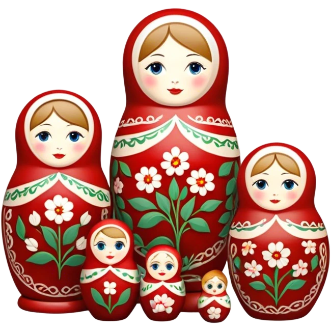 Russian nesting dolls (matryoshka) painting icon, several dolls of different sizes being hand-painted with traditional floral patterns, paintbrushes, small pots of paint, and carving tools nearby, visible process of decoration, minimalistic style, clean lines, transparent background. emoji