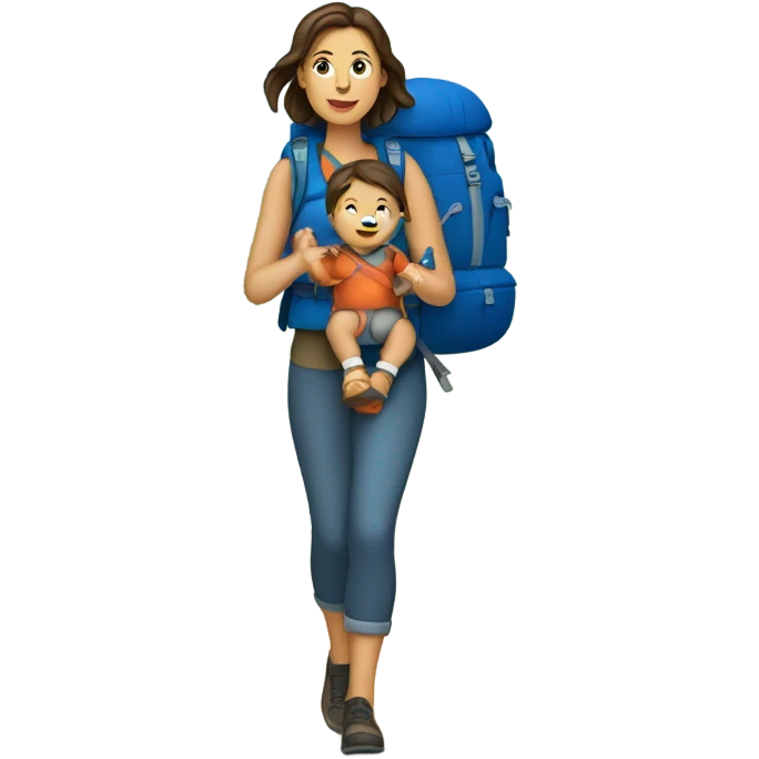 Brunette white Woman hiking with a baby in a blue backpack carrier emoji