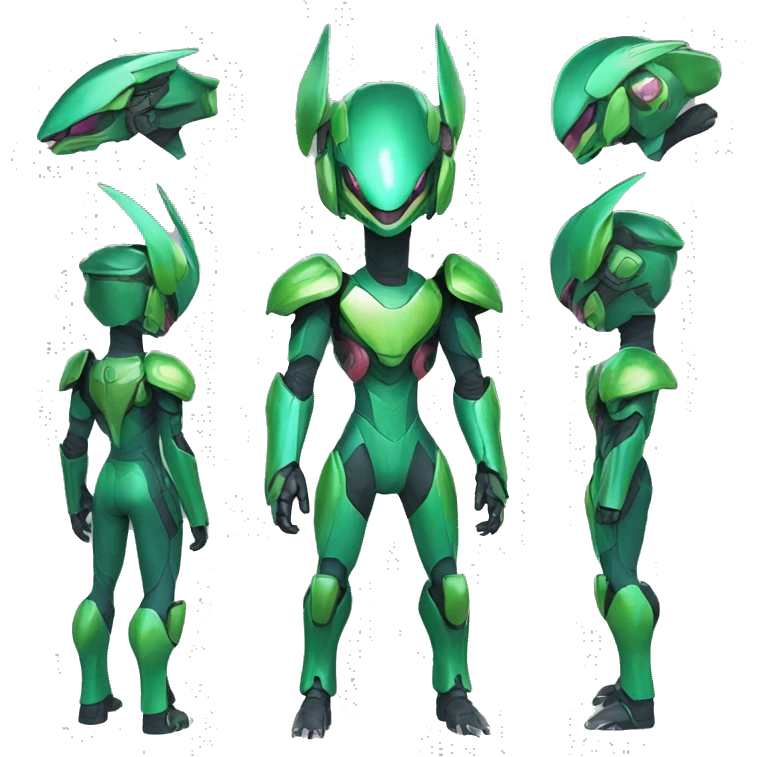 a shiny green Genesect-Raptor-Fakémon—hybrid with a futuristic visor-helmet full body emoji
