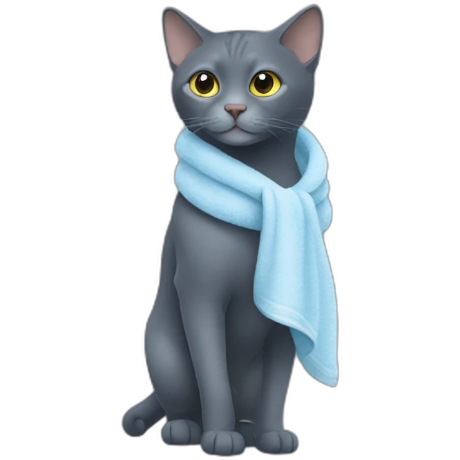 a darker russian blue cat walks with a towel on his mouth emoji
