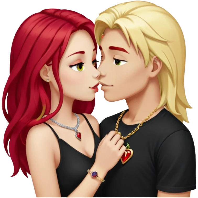 close-up of 20 year old couple kissing, girl with long cherry red hair, blonde eyebrows, gold necklace with letter A, diamond gold ring, red bracelet, boy with bright white hair wearing silver ring with black stone and dark t-shirt emoji
