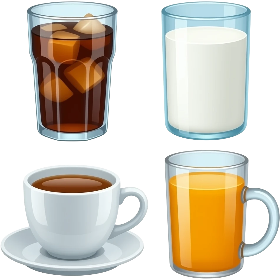 Different types of drinks: water, soda, milk, tea, juice emoji