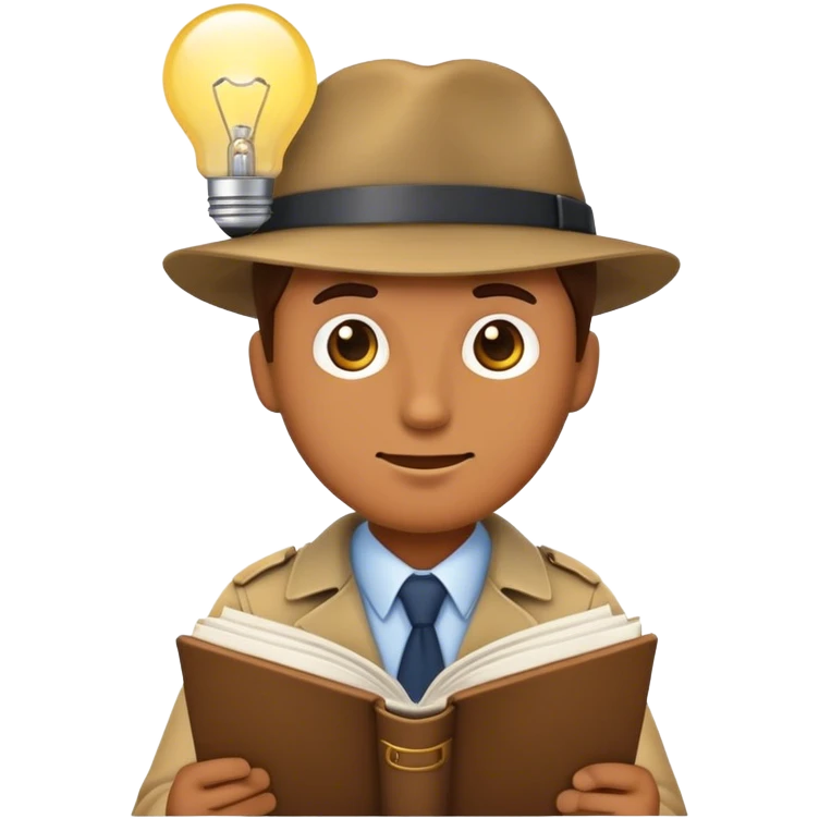 A detective emoji reading a book with a lightbulb over their head—representing research, curiosity, and preparation studying a person  emoji