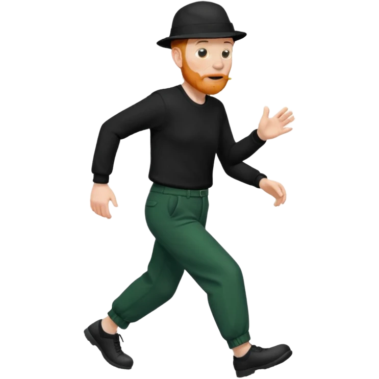 גבר זקן ג'ינג'י מלא כובע שחור הפוך חולמה שחורה ומכנסיים ירוקות ארוכות מבצע הליכה נמרצת במקום  emoji