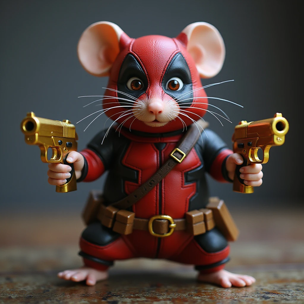 Photorealistic rat in a Deadpool costume, dual-wielding gold Deagle pistols, intense action pose. emoji