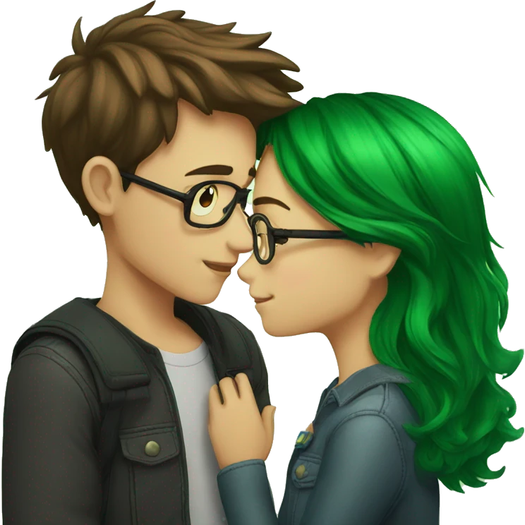 A boy with brown hair and a mustache is kissing a green haired girl wearing glasses emoji