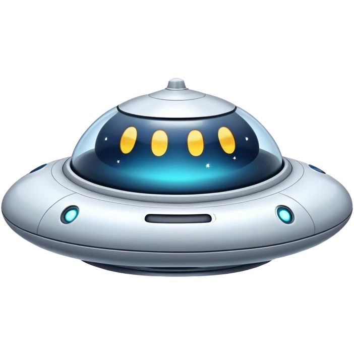 Design a simple, friendly spaceship with a smooth, rounded shape. Add a clear 'face' on the front using glowing lights for eyes and a curved line for a smile, giving it personality. Use a plain background to keep the focus on the ship emoji