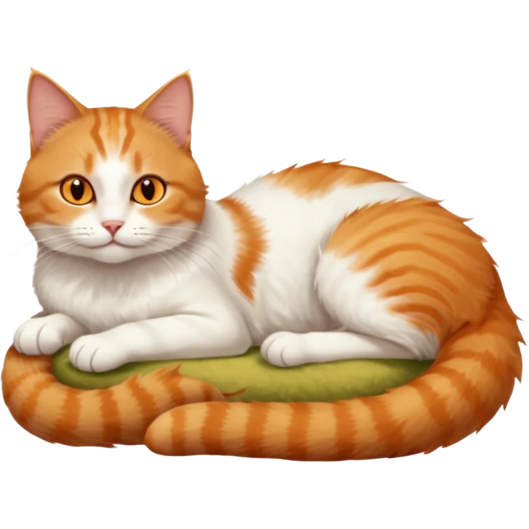 ginger and white cat with orange eyes doing a big extremely long stretch reaching up into the air with arms and legs side by side together straight and overextended whilst lying on its side emoji