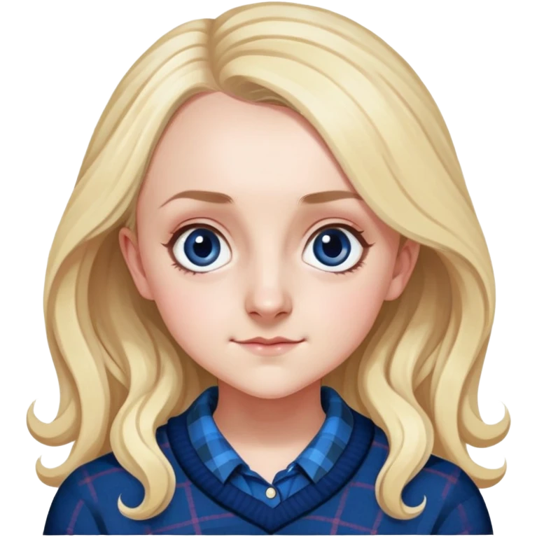 Evanna Lynch is Luna Lovegood in harry potter, wear dark blue sweater plaid shirt inside emoji