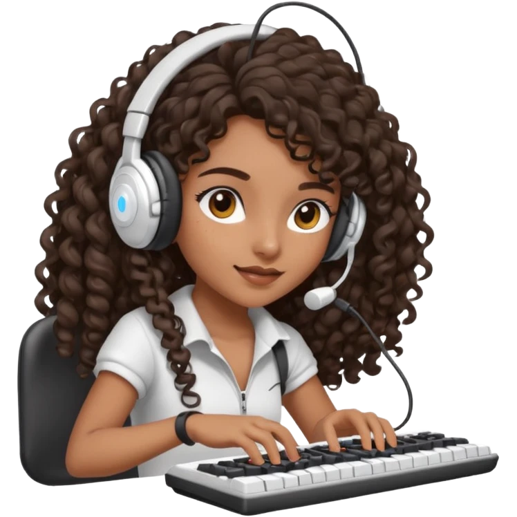 Brown skin Spanish girl with long dark curly hair, wearing a white gaming headset and playing on keyboard with a gaming mouse in one hand emoji