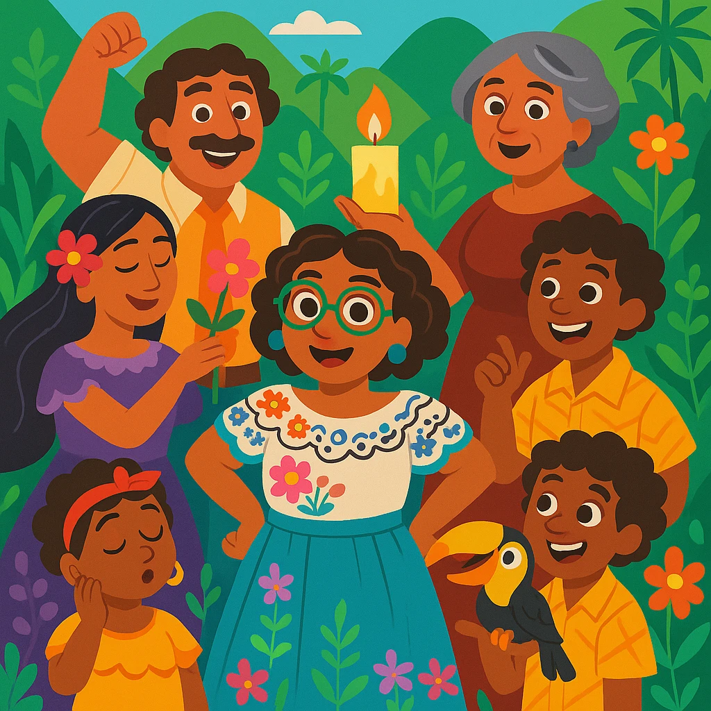 Edit the Encanto family group to remove Bruno, keep all other family members, stylized cartoon, lush Colombian background, cheerful expressions, no Bruno. emoji