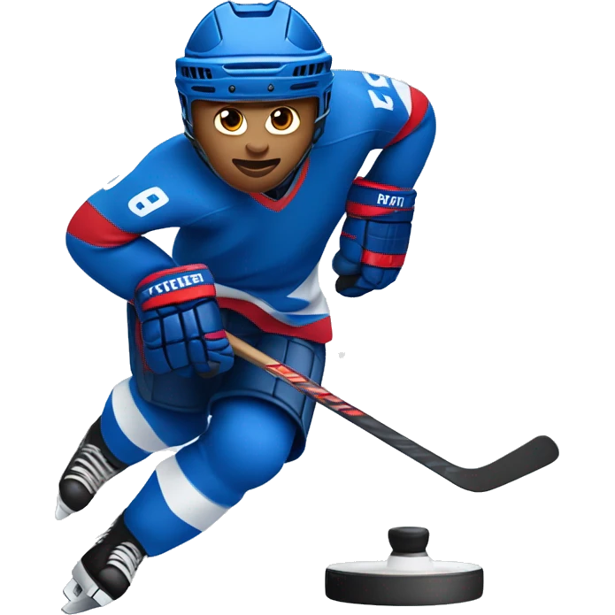 A hockey player in a blue-white-red uniform runs with a puck emoji