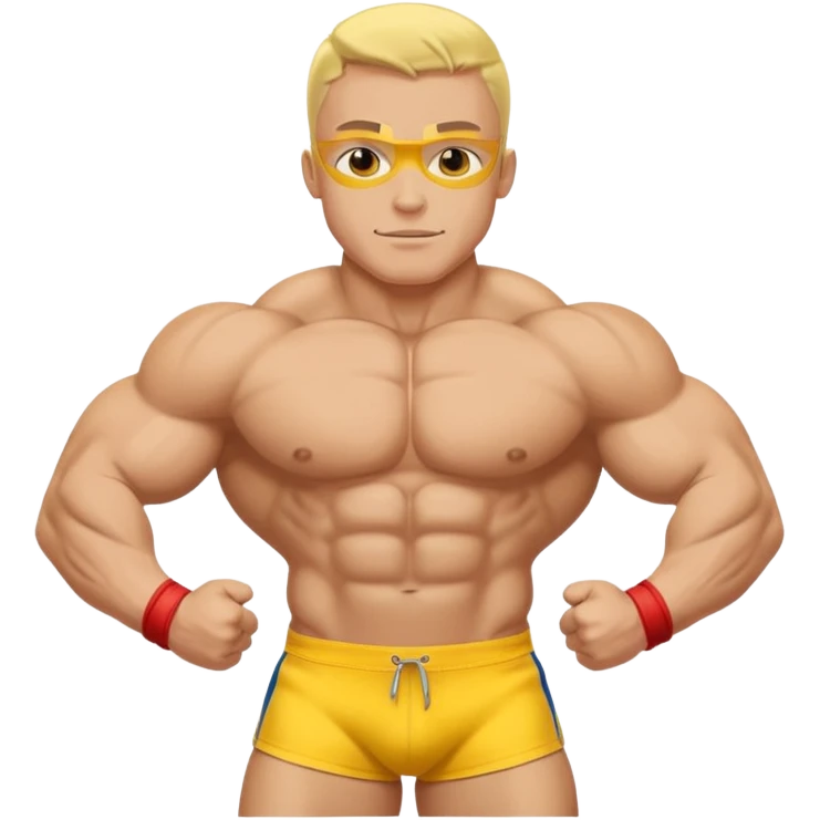 bodybuilder doble biceps possing; complete body; yellow skin; no wrist bands; wearing a speedo emoji