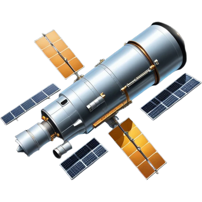 cinematic-realistic-hubble-space-telescope-emoji, an awe-inspiring, ultra-detailed depiction of the Hubble Space Telescope floating in space, its large, reflective metallic surface gleaming against the backdrop of the infinite blackness. The telescope's vast solar panels extend outwards, catching the light from distant stars, while its intricate, cylindrical body showcases advanced, precise engineering. The telescope's large, hexagonal lens is pointed towards the cosmos, surrounded by mechanical components, wires, and sensors. The detailed textures of the telescope’s metallic exterior, the shiny reflective coating, and the intricate grid-like solar panels are sharply contrasted against the void of space, with distant stars and nebulae faintly visible in the background, adding to the sense of scale and technological marvel; rendered with extreme realism and attention to detail. emoji