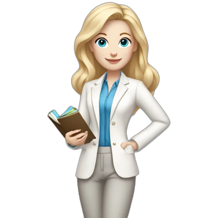 pale skin woman with blonde straight line Hair to shoulders, blue eyes, White classical jacket, Gray Palazzo pants holding a color palette in the hands emoji