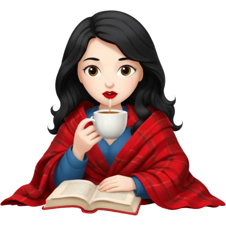 Long wavy Black haired, white skinned, dark big eyed girl with red lipstick wrapped in a blanket, sipping tea and reading a book emoji