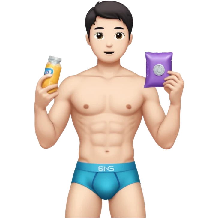 Male shirtless white skin Asian korean six pack sexy big dih lean full body without pants hold condom and jerking off with a little bit hair upper underwear  emoji