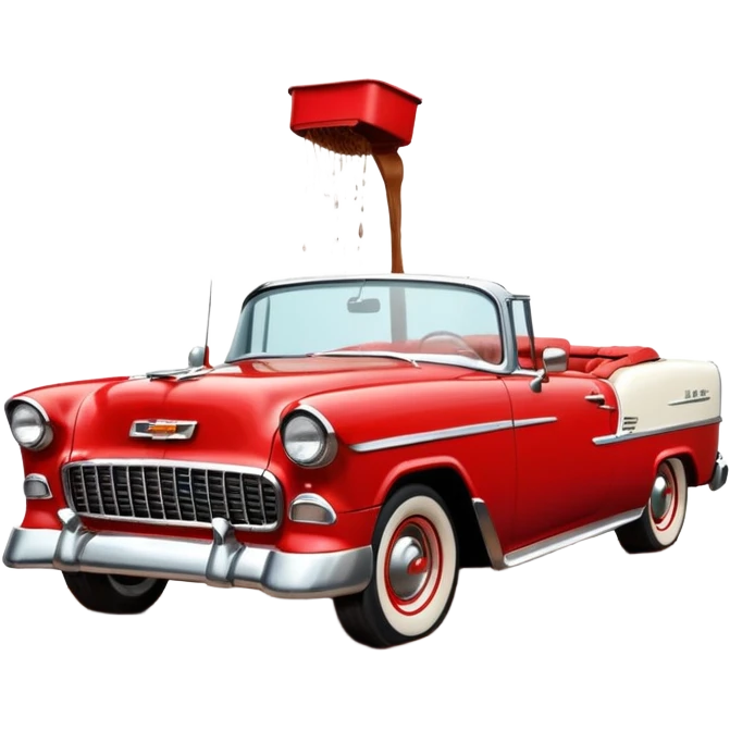 1955 Chevrolet Bel Air Convertible, Red-White color, with a bucket of brown mud pouring down on it. 32x32 pixels, aspect ratio: 1:1 emoji