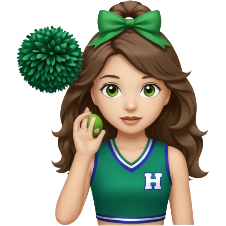 A pretty girl, her eyes is blue, her hair is brown long wavy hair, and wear green Hawkins cheerleader no sleeve uniform and hold pompom emoji