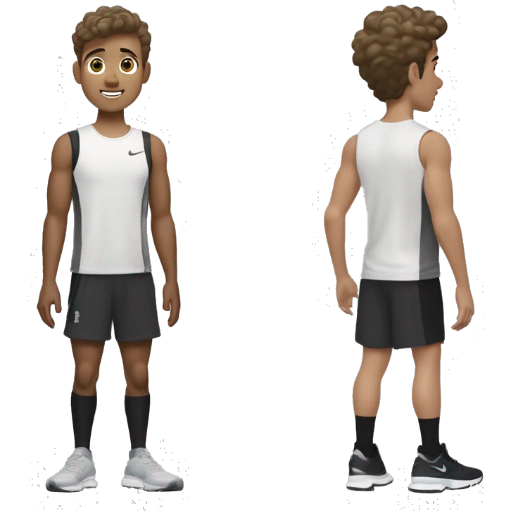 A very little tanned white boy with brown hair, short and a little wavy, with New Balance 1906R Grey, white Nike socks, a black Nike running jogging and a black Under Armour t-shirt. emoji