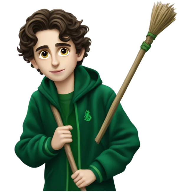 Timothee Chalamet wearing a Slytherin jacket and Riding a broom emoji