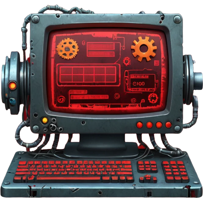 Old cyberpunk computer filled with junk drives and corrupted code, glowing error lights, sparks flying as gears grind and malfunction, interface full of broken UI elements and trash icons, dark gritty sci-fi setting, detailed close-up emoji