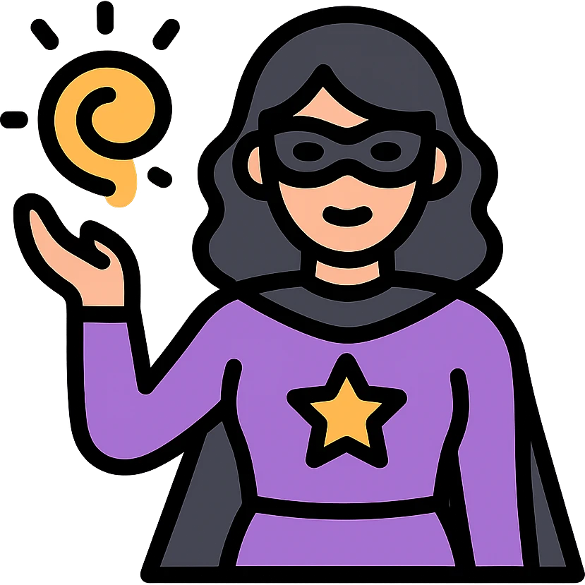 female superhero in a soft purple and black suit, glowing magical energy in her hand emoji