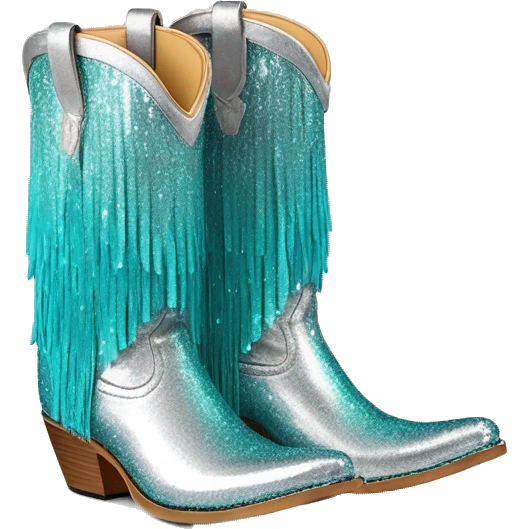 Realistic silver and turquoise ombre pair of fashion cowgirl boots with sparkly shiny glitter fringe on them. emoji