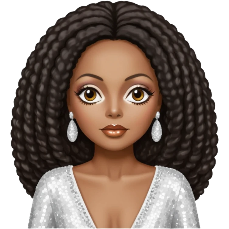 Diana Ross with long dark brown hair, white sequin outfit emoji