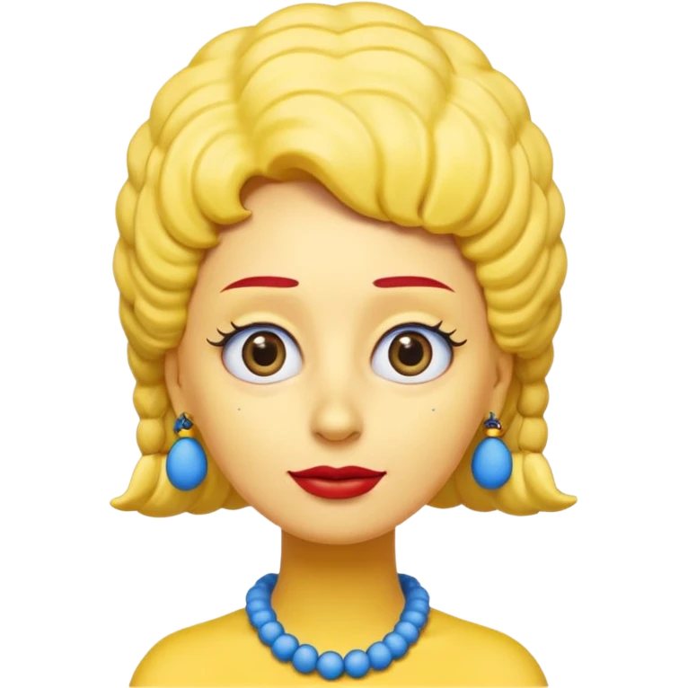 3D emoji head-only, smooth plastic, soft studio light, big round eyes, bold outline, centered, transparent bg,
Marge Simpson, yellow skin, tall cylindrical blue beehive hair, red bead necklace, overbite, no earrings, no eyelashes, no blonde hair emoji