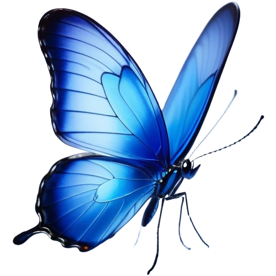 Cinematic Realistic Noble Blue Butterfly Portrait Emoji, Poised and graceful, with delicate, translucent wings rendered in vivid sapphire and indigo tones, a slender, elegant body with finely detailed textures, and gentle, reflective eyes, illuminated by soft natural light, high shine, intelligent and ethereal, styled with an air of refined natural beauty, focused and attentive, soft glowing outline, capturing the essence of a watchful and confident blue butterfly that appears to flutter out of the screen with effortless grace! emoji
