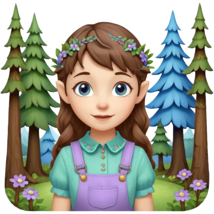 Kind happy whimsical quirky Girl toymaker, wood carving elf. Woodland nature creator. Blue eyes. Short bob, brown wavy hair with bangs. Whimsical playful cute. Overalls with nature embroidered cute shirt collar. Light green, light purple and light blue colour aesthetic  emoji