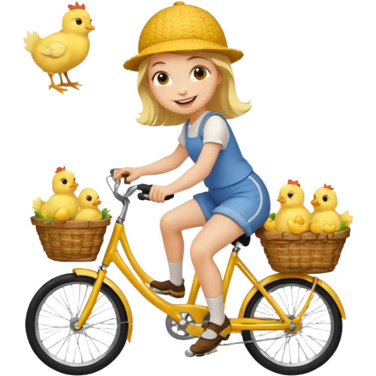 A cartoon girl riding a bicycle with a basket full of baby chicks, 1:1 square ratio. emoji