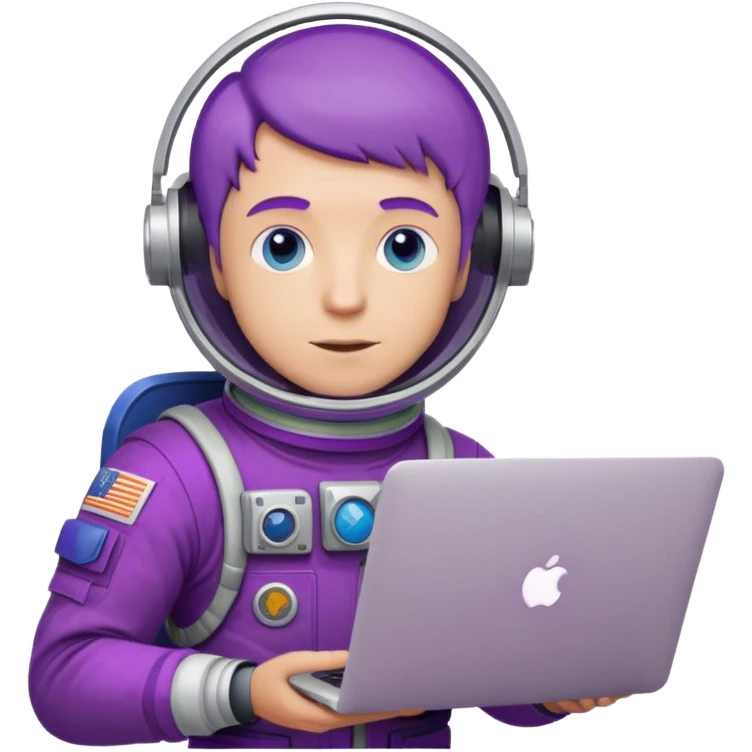 white guy astronaut with purple suit, blue eyes, short purple hair and one macbook emoji
