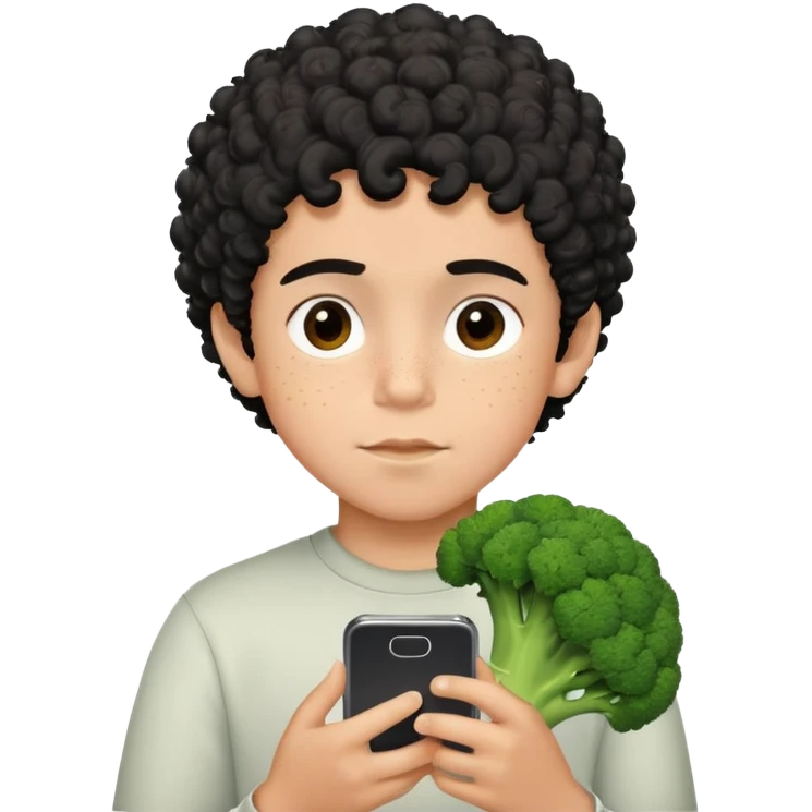 garcon de dix ou onze ans aux cheveux noirs bouclés style coiffure brocoli qui a des petites taches de rousseurs brunes et qui est toujours sur son telephone emoji
