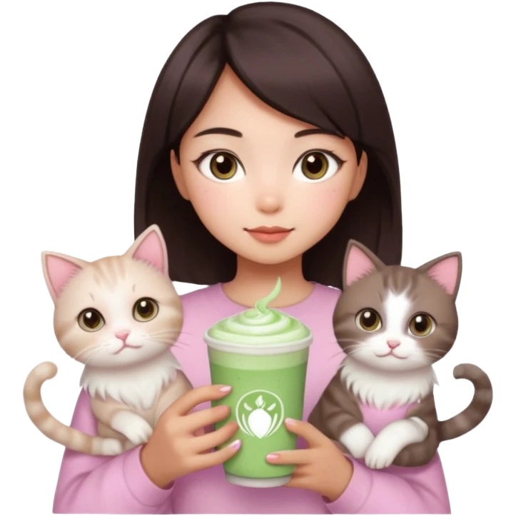 asian girl with short dark brown hair and dark brown eyes with a soft girl pink glowup aesthetic, matcha latte, 2 ragdoll cats, and sparkles emoji