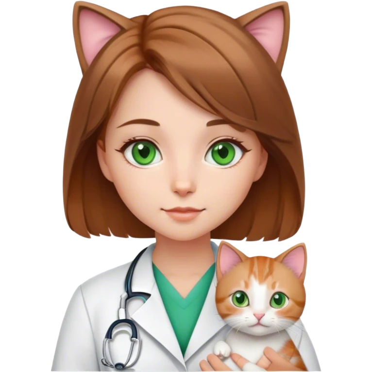 beauty girl medium light brown hair green eyes in a doctor suit and a cute kitty emoji
