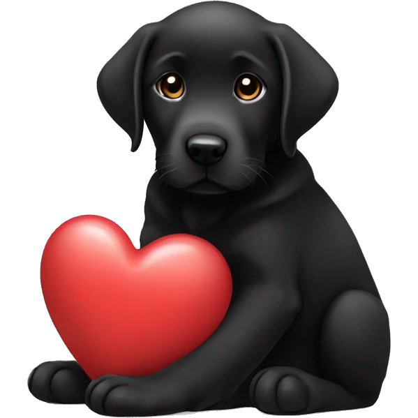 sitting black labrador puppy is holding a heart emoji
