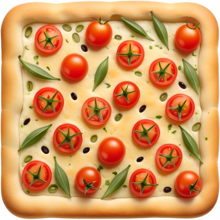 cinematic-realistic-focaccia-bread-dish-emoji,-depicted-as-a-golden,-olive-oil-brushed-flatbread-sprinkled-with-herbs-rendered-with-lifelike-texture-and-soft,-appetizing-lighting showing olives on top and the cherry tomatoes emoji