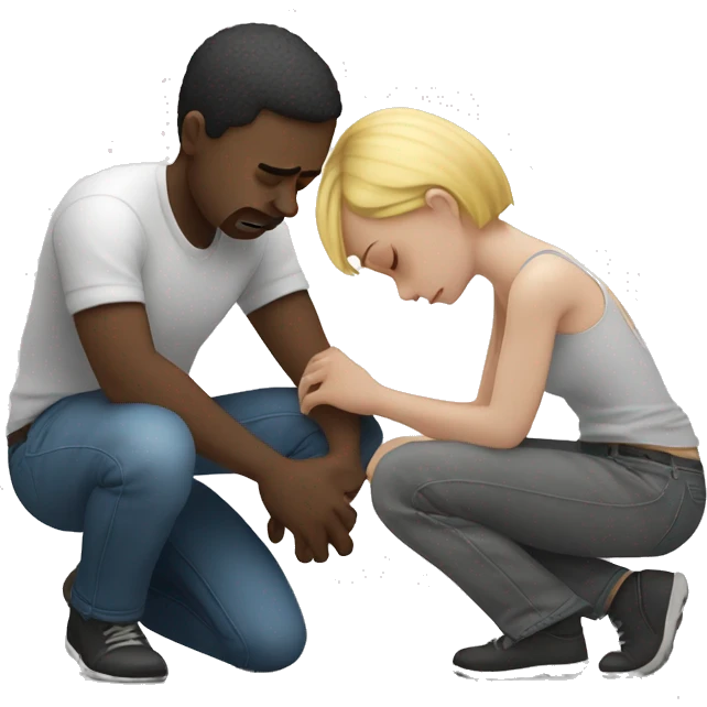 A white-skinned man kneeling and crying, trying to mend his girlfriend's broken heart. The heart is a broken emoji heart, highlighting the emotional scene. emoji