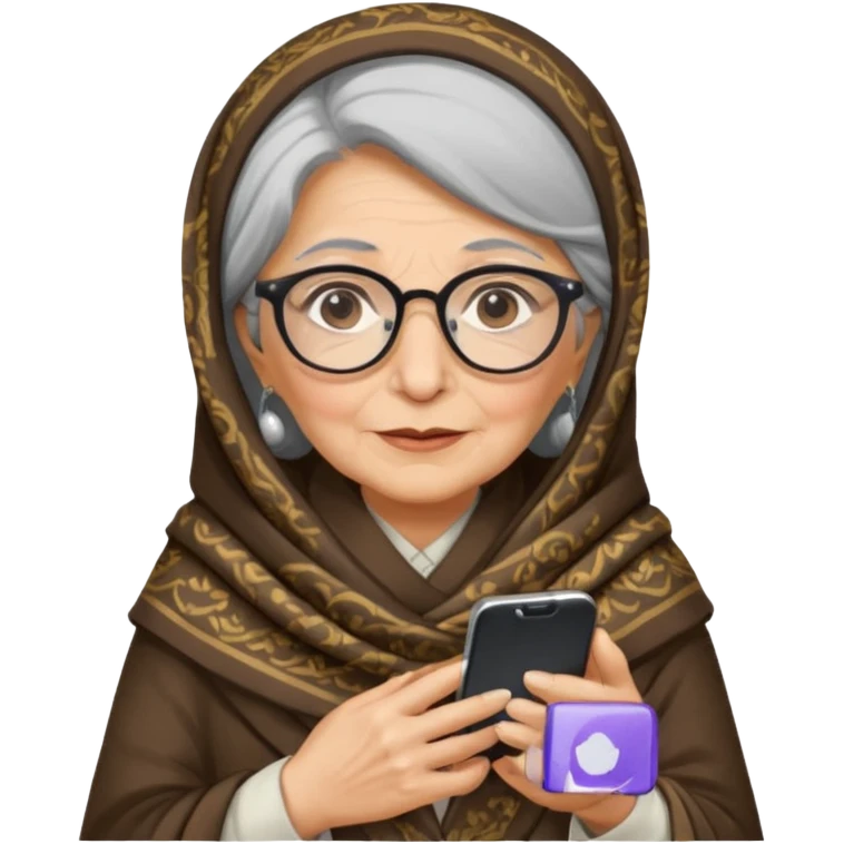 persian old woman Persian shawl with smartphone and glasses, half body emoji