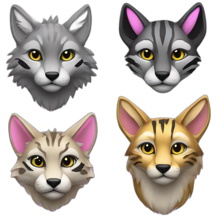 Coyote with grey and black fur, neon lights, ocelot with pink ears, clouded leopard, ocelot coyote hybrid with Phoenix wings emoji
