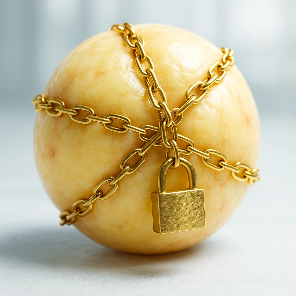 adipocyte locked by golden chains and padlock, hyper realistic 4K, cellular details, clinical atmosphere, bright light emoji