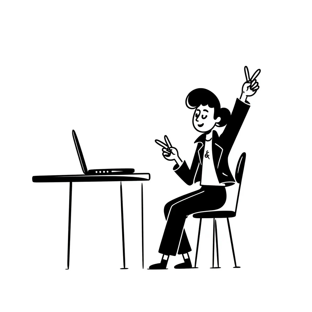 A rockstar female musician with tattoos on her arms, stylish modern haircut with shaved sides, wearing cool rocker clothes, smiling and sitting at a desk with a laptop, raising hand during class emoji