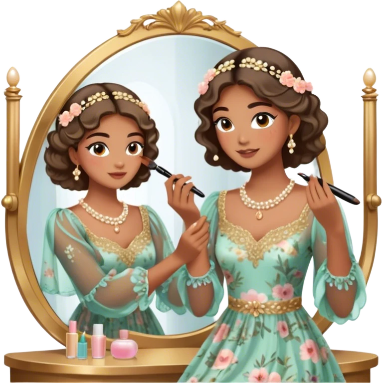  Middle Eastern-inspired moment of a woman getting ready in front of a mirror. She wears a delicate floral dress with sheer, flowy sleeves, accessorized with gold jewelry and traditional pearl-adorned hair clips. Her  as she applies mascara and eyeliner , her reflection revealing a soft smile.  emoji