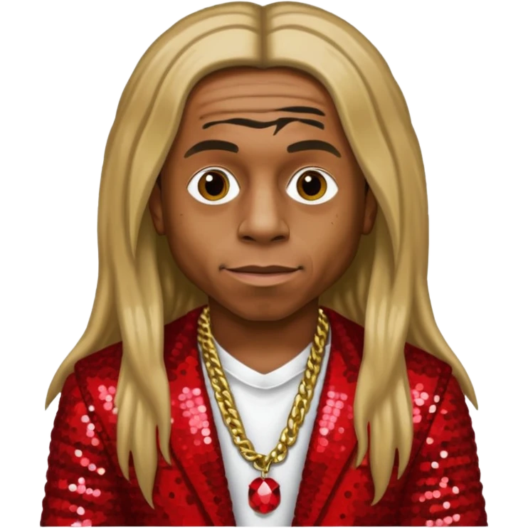 Lil Wayne with long dark blonde hair, red sequin outfit emoji