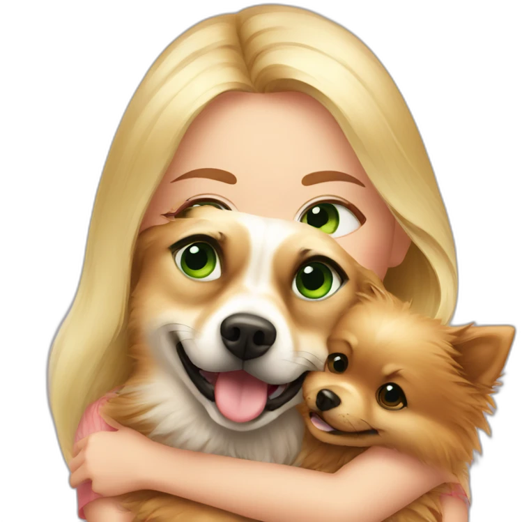 Blonde girl with green eyes, hugs her pomeranian dog, red emoji